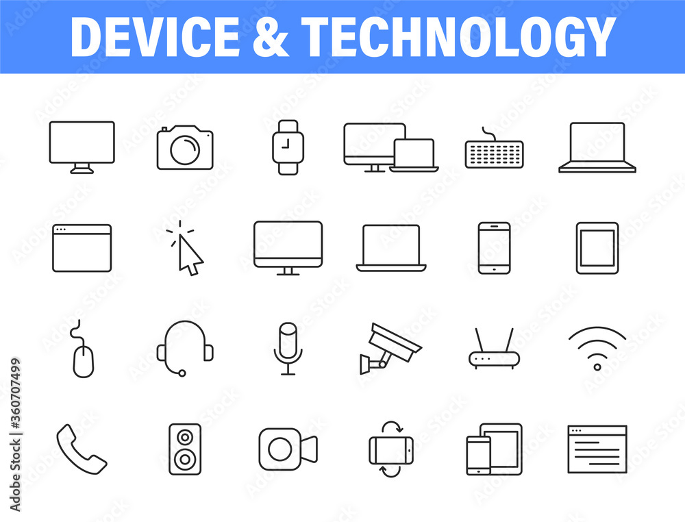 Aufkleber set of 24 technology and electronics and devices web icons in line style. device, phone, laptop, com