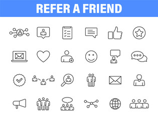 Set of 24 Refer a friend icons in line style. Referral program, marketing, invite friends. Vector illustration.