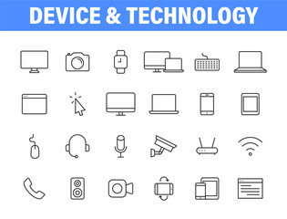 Set of 24 Technology and Electronics and Devices web icons in line style. Device, phone, laptop, communication, smartphone, ecommerce. Vector illustration.