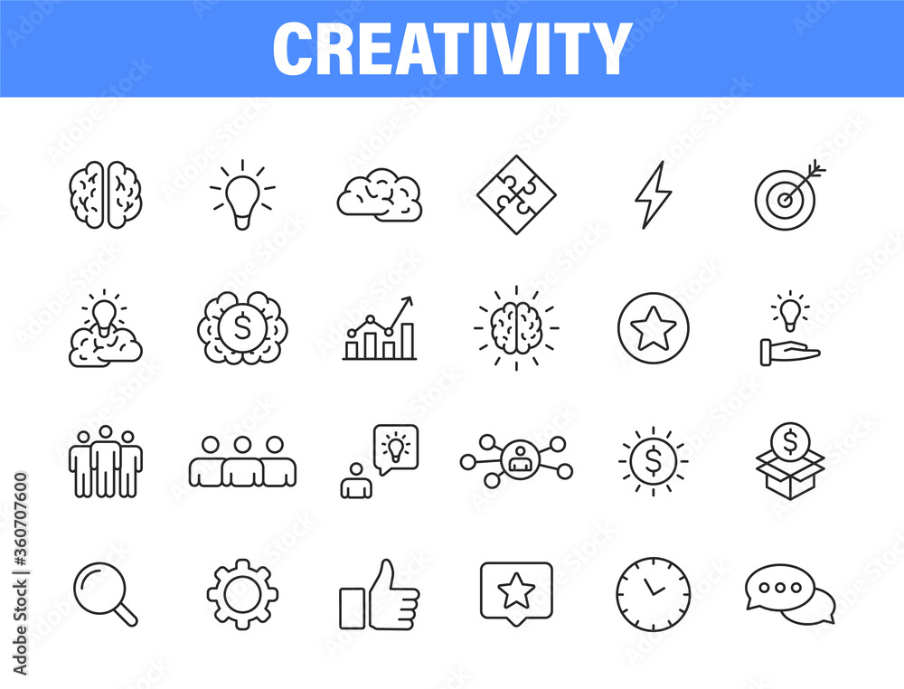 Aufkleber set of 24 creativity and idea web icons in line style. creativity, finding solution, brainstorming, 