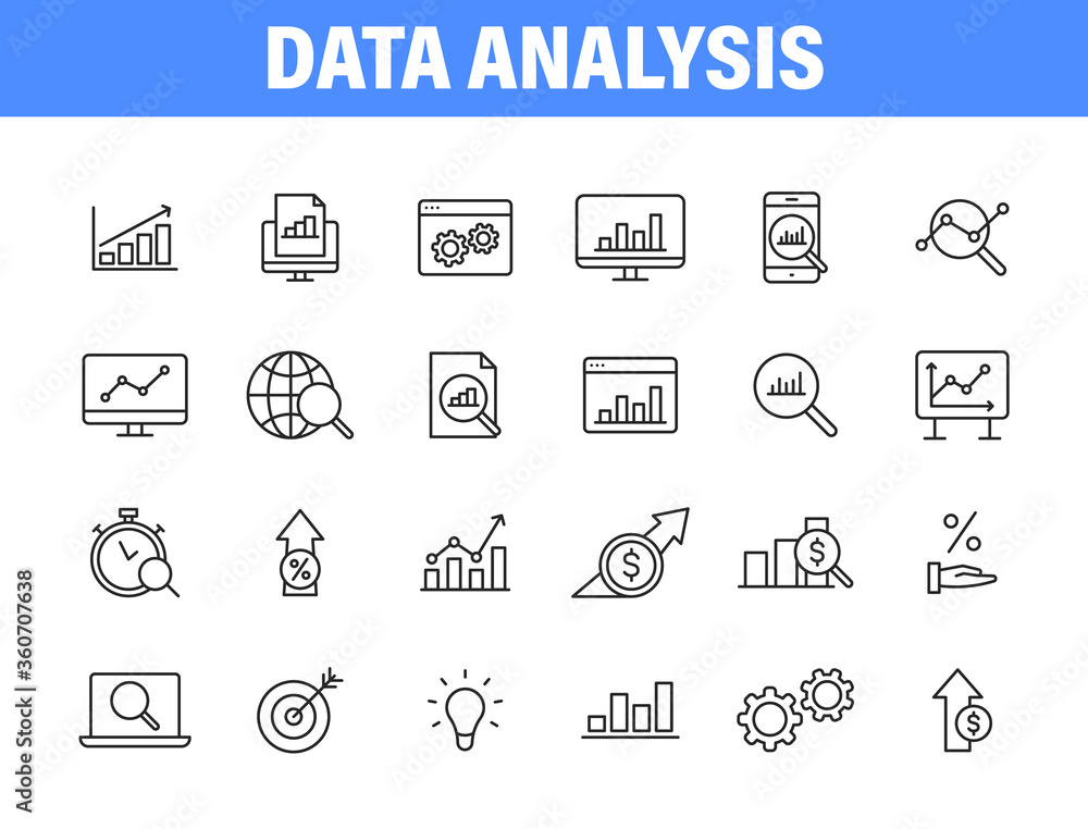 Poster set of 24 data analysis web icons in line style. graphs, analysis, big data, growth, chart, research
