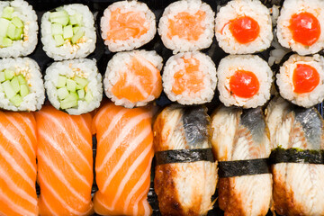 Sushi set on the table. Seafood close-up and macro