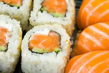 Sushi set on the table. Seafood close-up and macro
