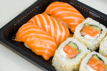 Sushi set on the table. Seafood close-up and macro
