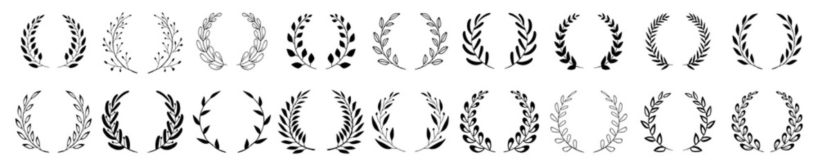 Set of black circular foliate laurels branches. Vintage laurel wreaths collection. Hand drawn vector laurel leaves decorative elements. Leaves, swirls, ornate, award, icon. Vector illustration.