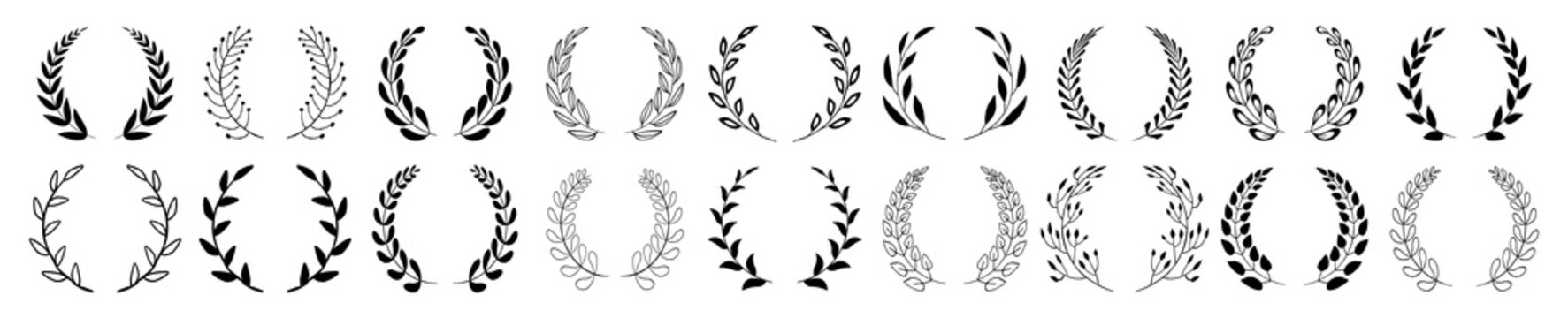 Set Of Black Circular Foliate Laurels Branches. Vintage Laurel Wreaths Collection. Hand Drawn Vector Laurel Leaves Decorative Elements. Leaves, Swirls, Ornate, Award, Icon. Vector Illustration.