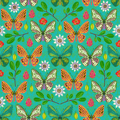 Tropical seamless pattern with butterflies, exotic flowers and a summer fruits