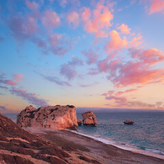 Rock Aphrodite near Petra tou Romiou in Cyprus, Paphos. Panoramic image of famous Cyprus landmark on romantic sunset