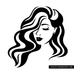 Illustration of women long hair style icon, logo portrait women. Face girl with long hair, beautiful hairstyle with black curls on a white background