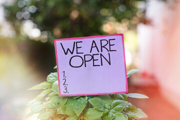 Conceptual hand writing showing We Are Open. Concept meaning no enclosing or confining barrier,...