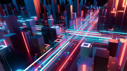 Connecting and moving big data in a digital city. 3d rendering.