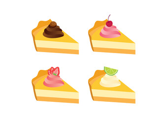 Different types of cakes icon set vector. Piece of cake with chocolate, strawberry, cherry and lime icon set. Fruit cream pie icon isolated on a white background. Delicious fruit cake vector
