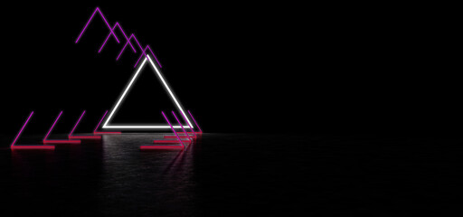 Fototapeta na wymiar An abstract portal of luminous lines and a triangle in a dark space with beautiful reflections on the floor. Glowing pyramid shaped portal. 3D Render