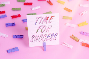 Word writing text Time For Success. Business photo showcasing business financial marketing banking advertising web Colored clothespin papers empty reminder pink floor background office pin