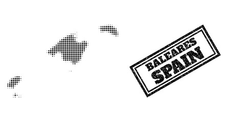 Halftone map of Baleares Province, and textured watermark. Halftone map of Baleares Province designed with small black round pixels. Vector watermark with unclean style, double framed rectangle,