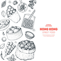Hong kong street food. Chinese food menu design template. Vintage hand drawn sketch, vector illustration. Engraved style illustration. Asian street food sketch.