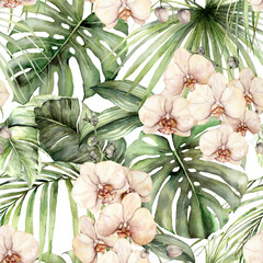Aquarell Musterdesign mit Dschungel Palmblättern und Orchideen. Handgemalte exotische Blumen und Blätter lokalisiert auf weißem Hintergrund. Tropische Blumenillustration für Design, Gewebe oder Hintergrund.