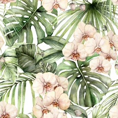 Fotobehang Aquarel naadloze patroon met jungle palmbladeren en orchideeën. Handgeschilderde exotische bloemen en bladeren geïsoleerd op een witte achtergrond. Floral tropische illustratie voor ontwerp, stof of achtergrond. © yuliya_derbisheva