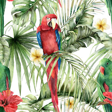 Watercolor tropical seamless pattern with parrots, hibiscus and plumeria. Hand painted birds, flowers and palm leaves. Floral illustration isolated on white background for design, print or background.