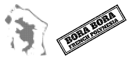 Halftone map of Bora-Bora, and grunge seal. Halftone map of Bora-Bora made with small black circle dots. Vector watermark with grunge style, double framed rectangle, in black color. - obrazy, fototapety, plakaty