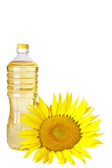 Bottle of sunflower oil with flower isolated on white background