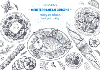 Mediterranean cuisine top view frame. A set of mediterranean dishes. Food menu design template. Vintage hand drawn sketch. Vector illustration. Food collection.