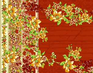 A chinese floral composition the leaves and flowers with baroque pattern background for, textile and digital printing - illustration