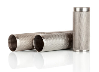 Stack of metal pipes. Chrome steel tubes isolated on white background