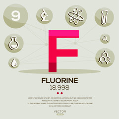 F (Fluorine)The periodic table element,letters and icons,Vector illustration.