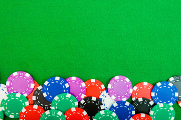 poker chips, money on the green baize table with copy space