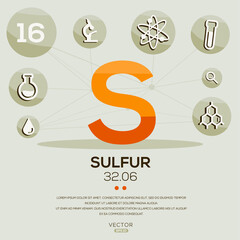 S (Sulfur)The periodic table element,letters and icons,Vector illustration.