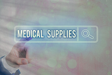 Writing note showing Medical Supplies. Business concept for Items necessary for treatment of...