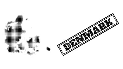 Halftone map of Denmark, and unclean seal stamp. Halftone map of Denmark generated with small black circle elements. Vector seal with corroded style, double framed rectangle, in black color.