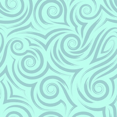 Vector turquoise seamless pattern of spirals and curls for decoration and printing on fabric on a blue background. Texture of swirl or sea waves for wrapping paper and clothes.