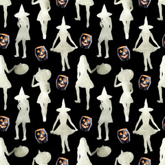 Watercolor seamless pattern on the theme of the holiday Halloween. Characteristic characters and attributes