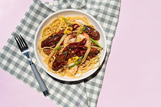 Overhead shot of seafood broil pasta