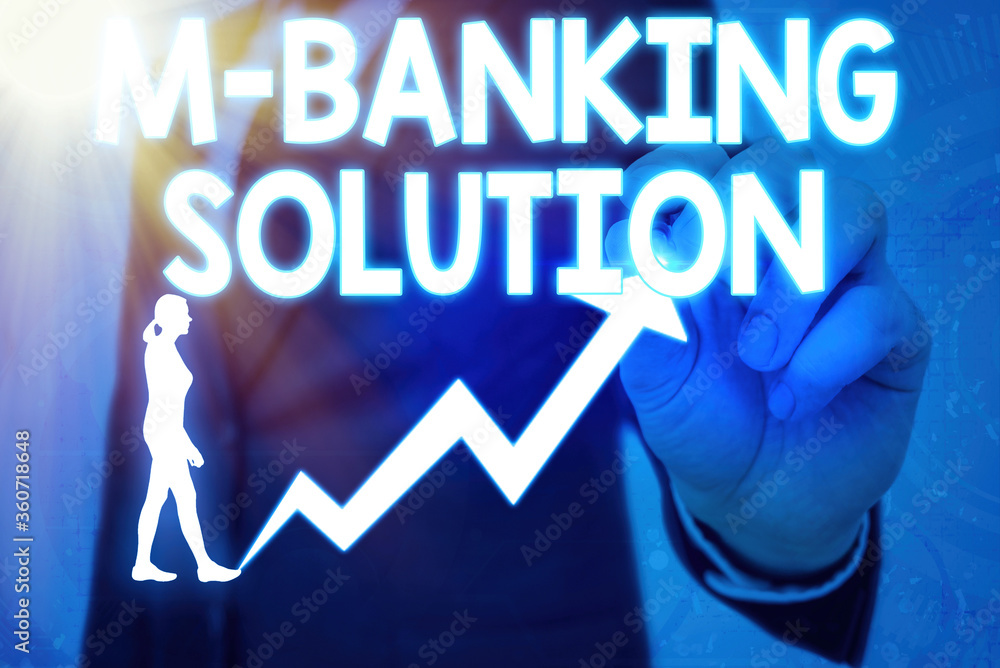 Poster handwriting text m banking solution. conceptual photo conduct financial transaction remotely by mobi