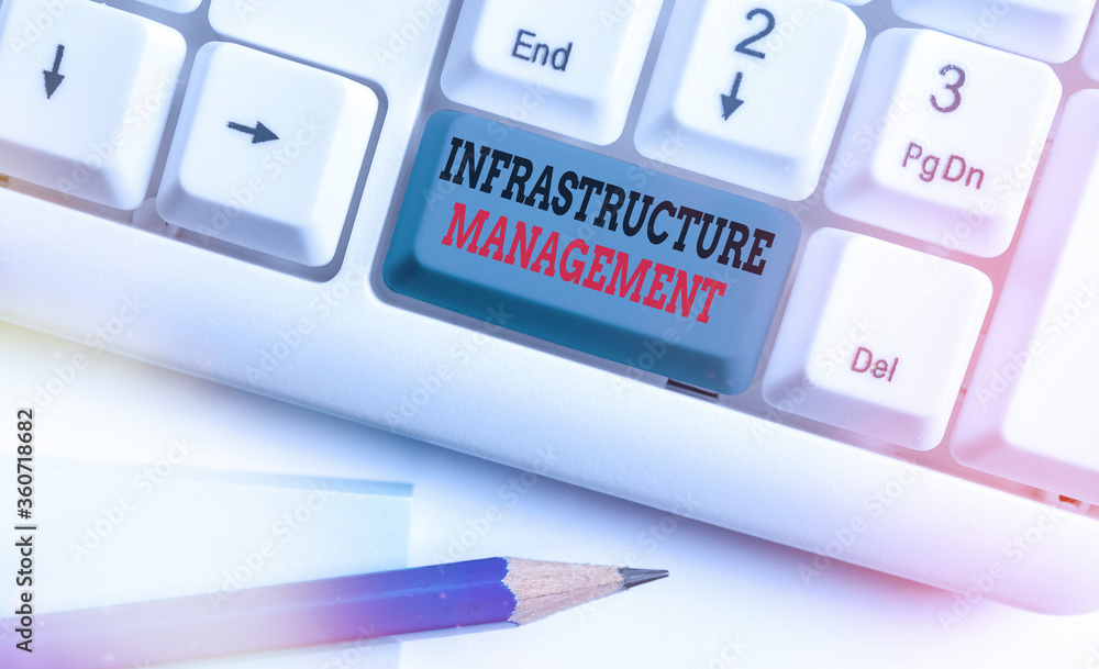 Poster writing note showing infrastructure management. business concept for minimize downtime, maintain bus