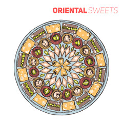 Baklava on the plate vector illustration. Isolated on white. Top view. Traditional dessert.