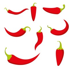Chili pepper isolated on white. Hot red chile peppers set. Vegetable chilli paprika vector illustration. Heat spice Mexican food ingredient.