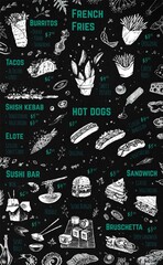 Street food festival menu design vector illustration for hipster market. Chalk drawing of american, mexican and asian meal at vintage brochure with prices for doner kebab, fries, sandwich and taco