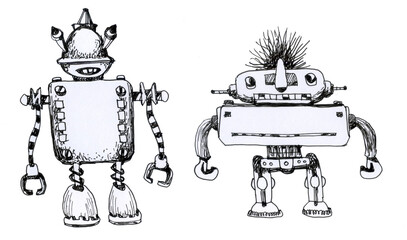 Two funny robots. Vintage ink drawing.