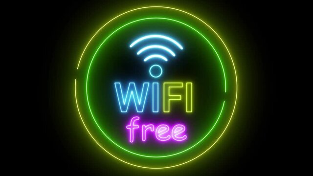 Animation free wifi zone neon sign light at black background in looped concept animation.