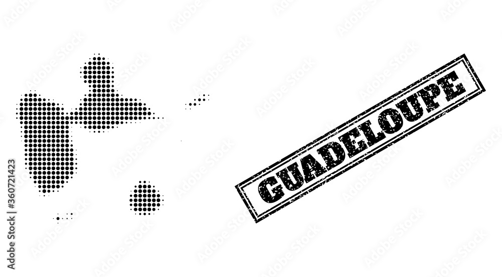Poster halftone map of guadeloupe, and scratched seal stamp. halftone map of guadeloupe made with small bla