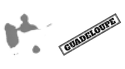 Halftone map of Guadeloupe, and scratched seal stamp. Halftone map of Guadeloupe made with small black spheric dots. Vector seal with unclean style, double framed rectangle, in black color.