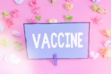 Writing note showing Vaccine. Business concept for preparation of killed microorganisms or living...