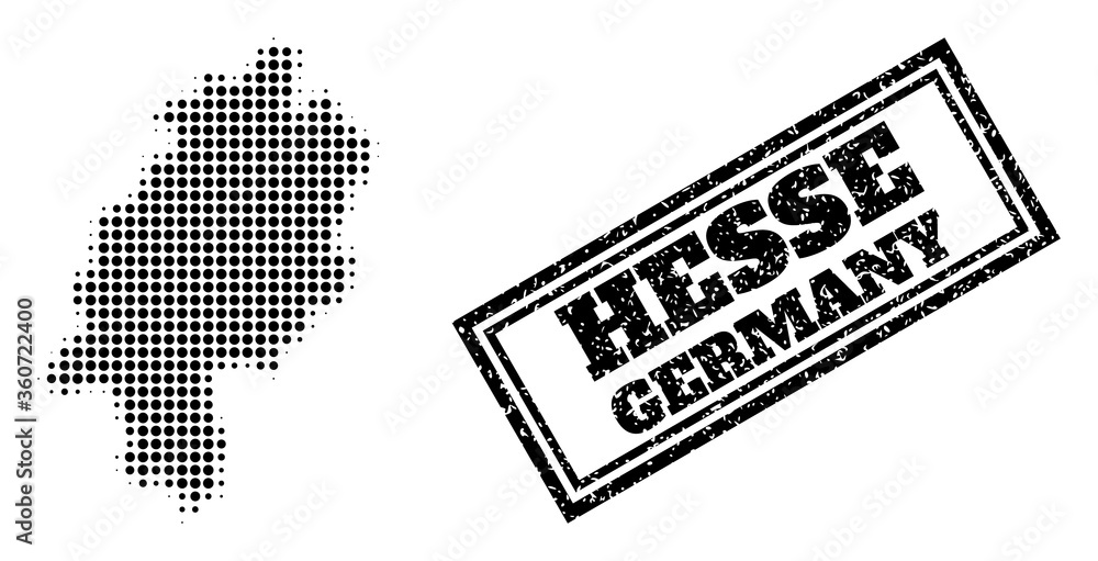 Poster halftone map of hesse state, and rubber watermark. halftone map of hesse state constructed with smal