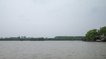 Panoramic view of South Lake and skyline in South Lake scenic area in Jiaxing, China