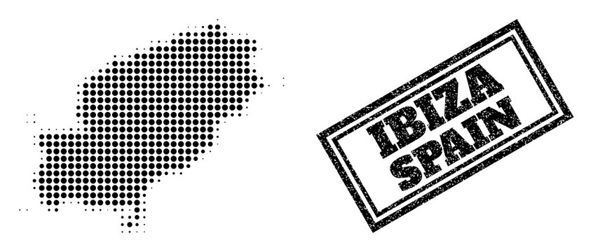 Halftone map of Ibiza Island, and textured seal stamp. Halftone map of Ibiza Island generated with small black round pixels. Vector seal with distress style, double framed rectangle, in black color.