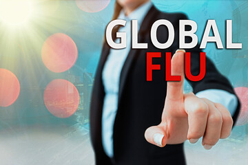 Writing note showing Global Flu. Business concept for Common communicable illness spreading over...